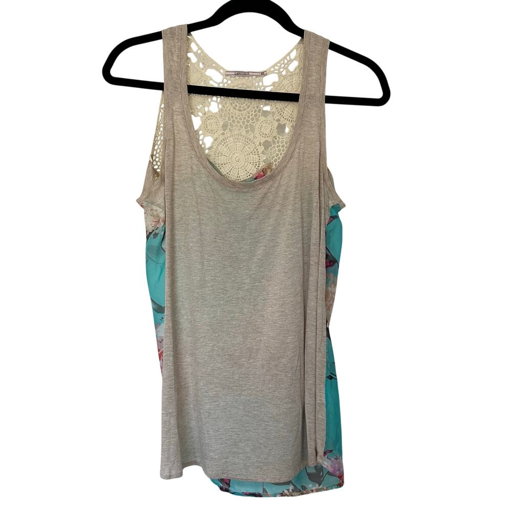 Language (XS) Silk Blend Y2K Boho Chic Floral Racer Back Lace Tank Top Teal